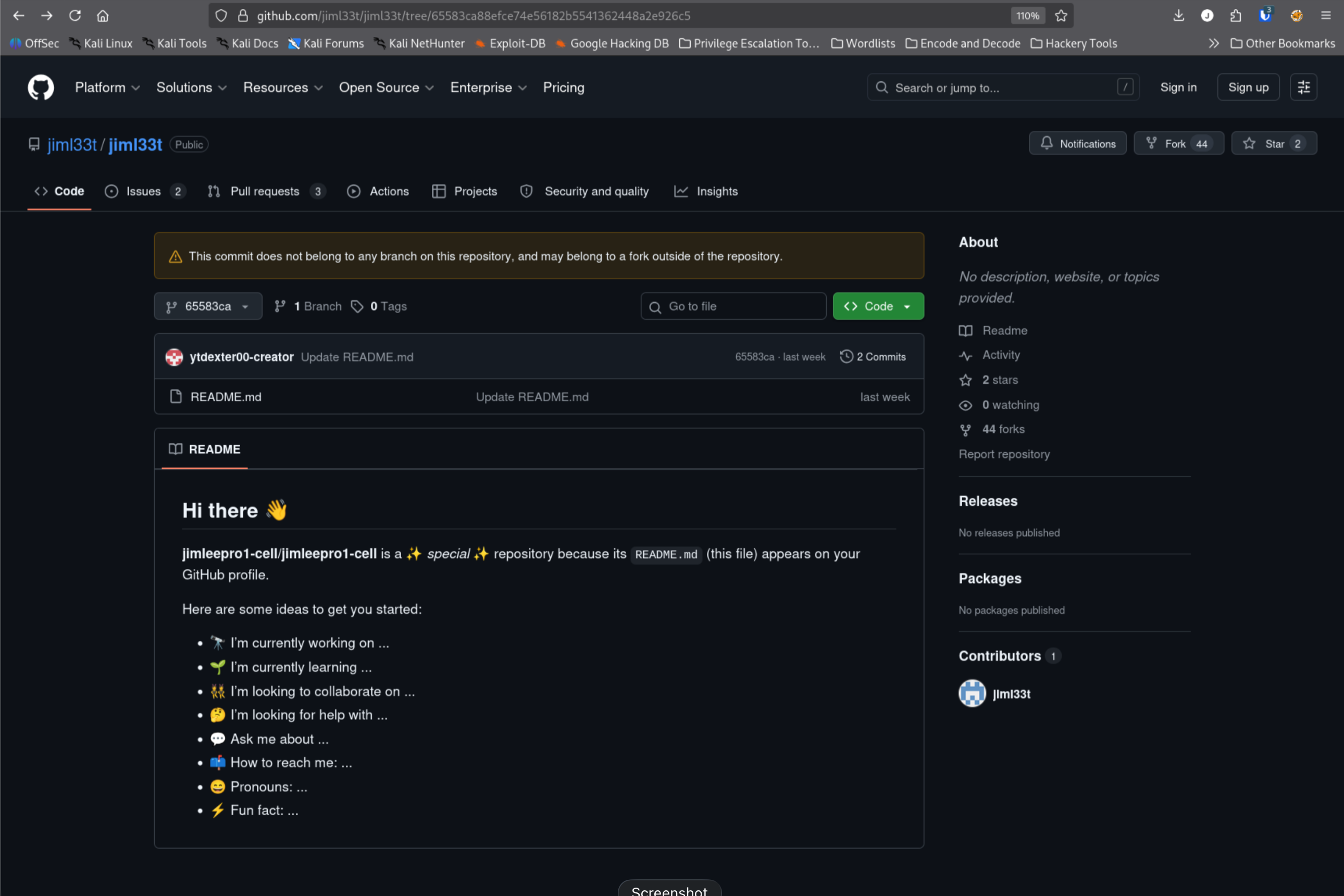GitHub tree view at full commit SHA revealing ytdexter00-creator reference
